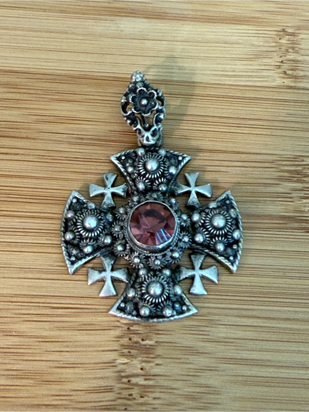 Vintage Silver 900 Stamped Jerusalem Crusader Cross Pendant Faceted Garnet Stone